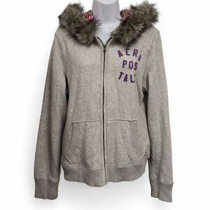 Aeropostale Eighty Seven Womens Gray Hoodie Jacket Faux Fur Trim Knit Size XL
